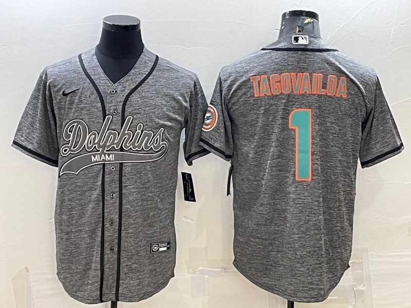Men's Miami Dolphins #1 Tua Tagovailoa Grey With Patch Cool Base Stitched Baseball Jersey Men's Miami Dolphins #1 Tua Tagovailoa Grey With Patch Cool Base Stitched Baseball Jersey